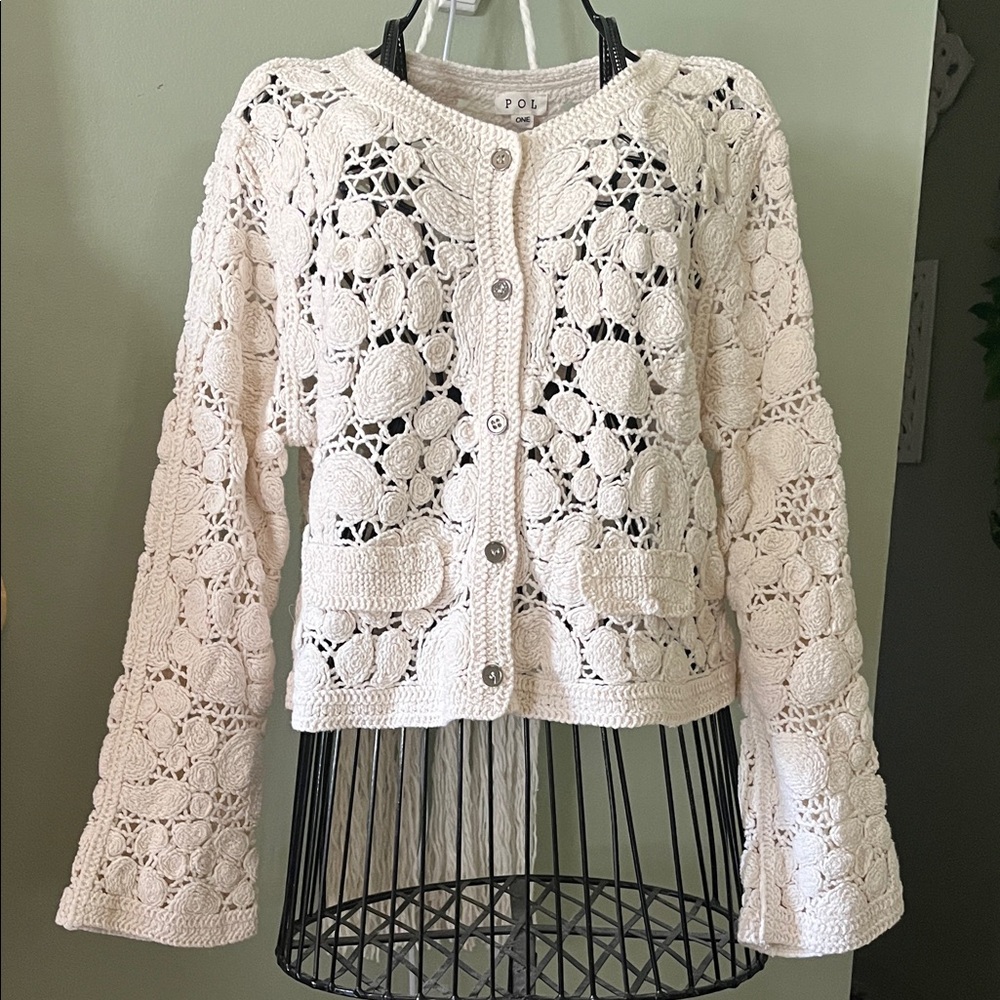 POL Women's Ivory Crochet Cardigan
